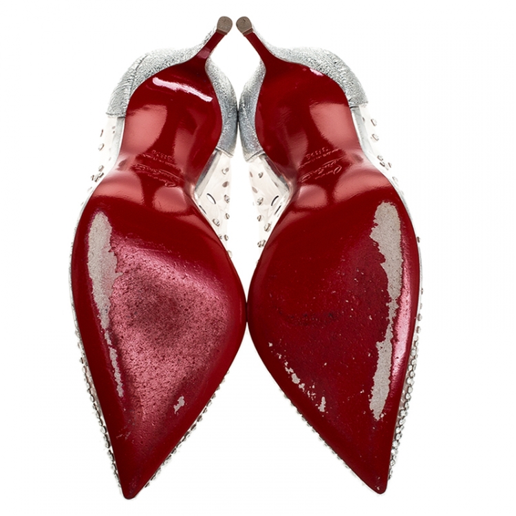 Pre Owned Christian Louboutin Metallic Silver Leather And PVC Degrastrass Crystal Embellished Pumps Size 38.5
