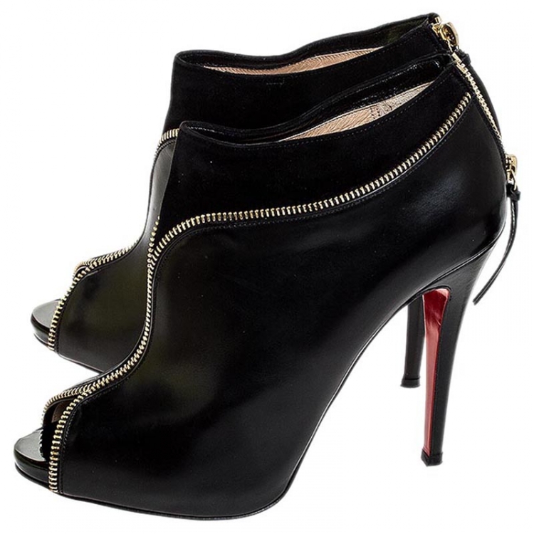 Pre Owned Christian Louboutin Black Leather and Suede Col Zippe Ankle Boots Size 41