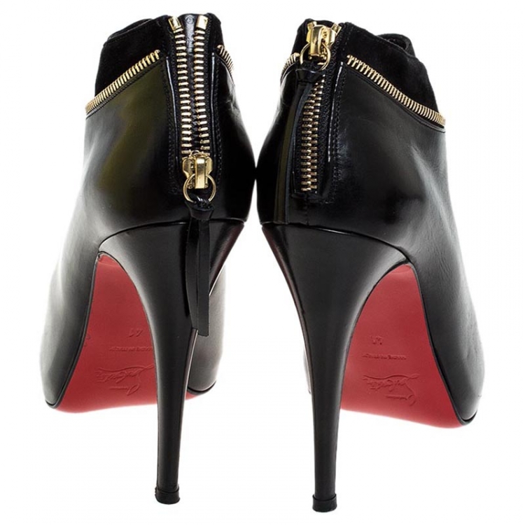 Pre Owned Christian Louboutin Black Leather and Suede Col Zippe Ankle Boots Size 41