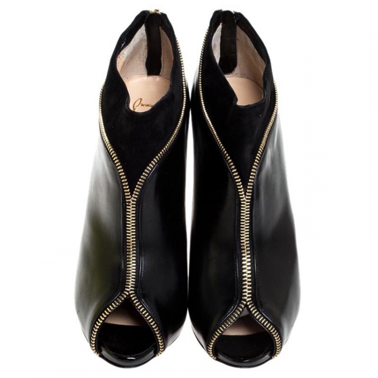 Pre Owned Christian Louboutin Black Leather and Suede Col Zippe Ankle Boots Size 41