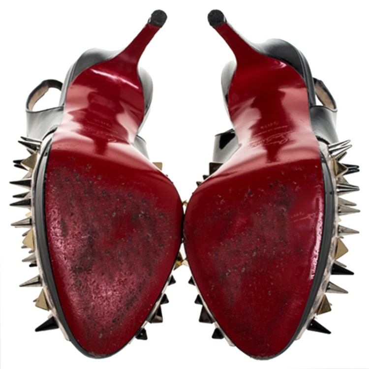 Pre Owned  Christian Louboutin Black Patent Leather And PVC Spikes Embellished Slingback Peep Toe Sandals Size 38.5