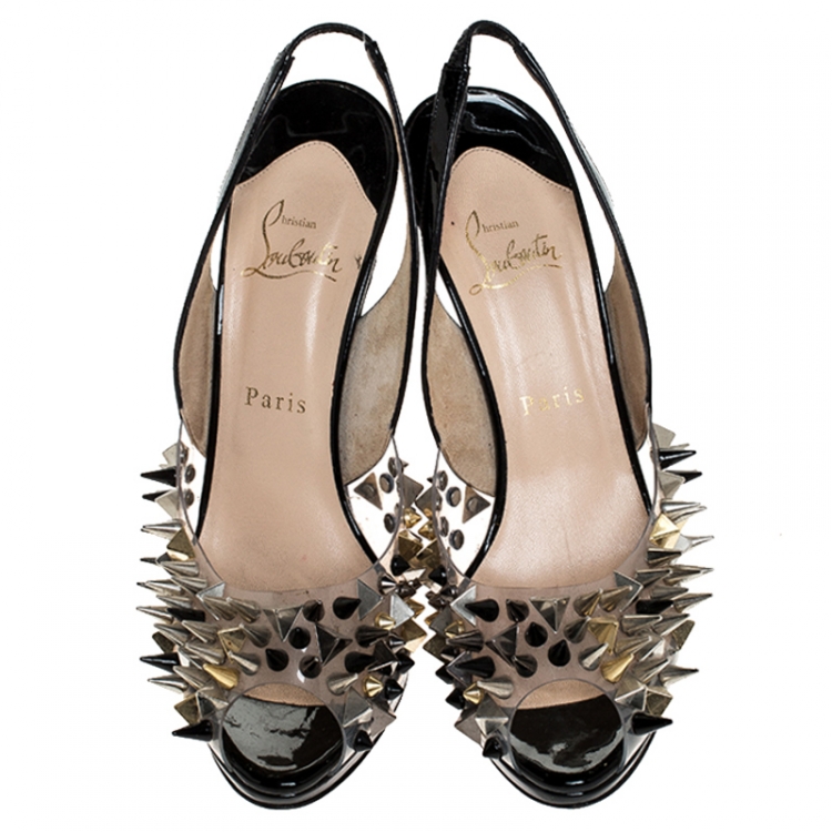 Pre Owned  Christian Louboutin Black Patent Leather And PVC Spikes Embellished Slingback Peep Toe Sandals Size 38.5
