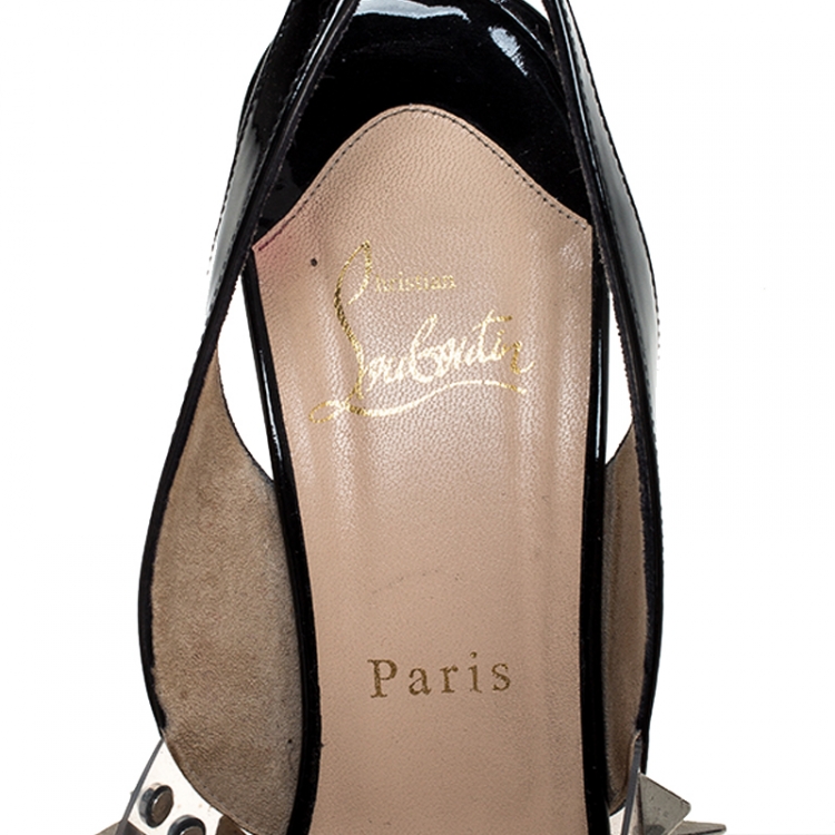 Pre Owned  Christian Louboutin Black Patent Leather And PVC Spikes Embellished Slingback Peep Toe Sandals Size 38.5