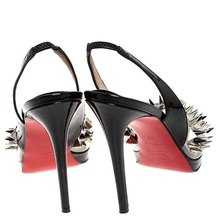 Pre Owned  Christian Louboutin Black Patent Leather And PVC Spikes Embellished Slingback Peep Toe Sandals Size 38.5