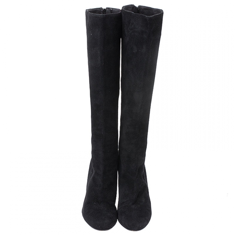 Pre Owned Christian Louboutin Black Suede Back Zip Mid Calf Boots Size 39.5