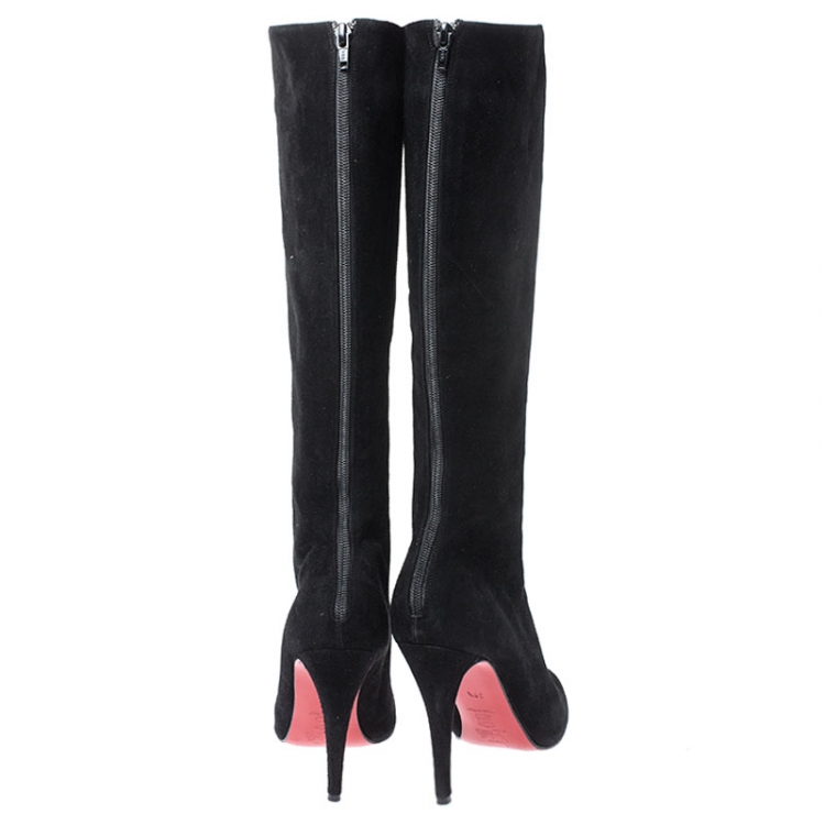 Pre Owned Christian Louboutin Black Suede Back Zip Mid Calf Boots Size 39.5