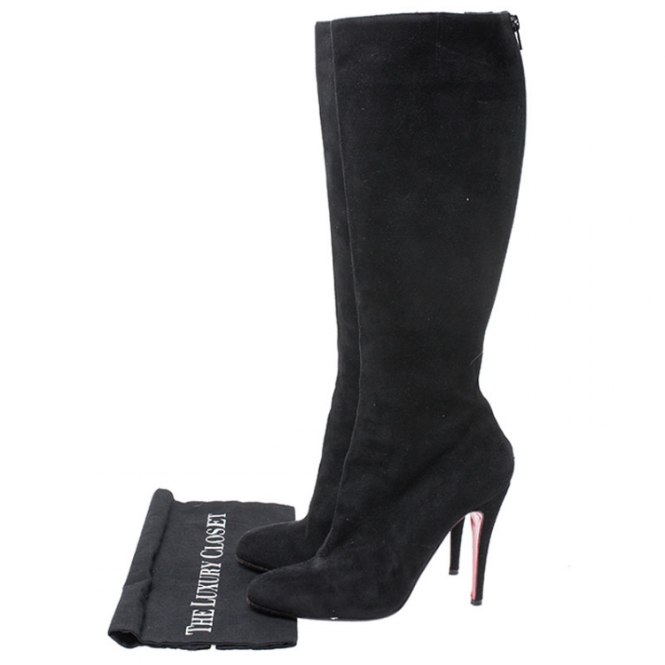 Pre Owned Christian Louboutin Black Suede Back Zip Mid Calf Boots Size 39.5