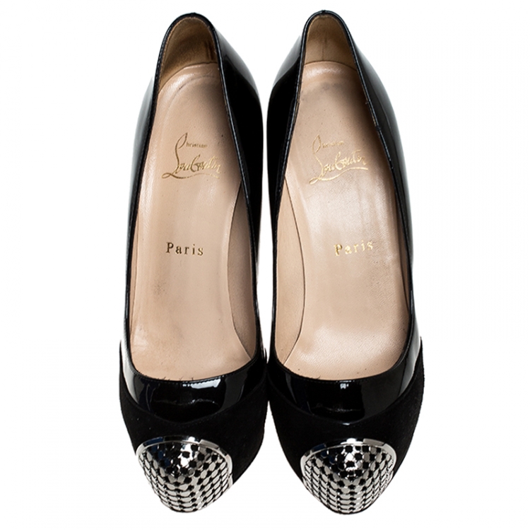 Pre Owned Christian Louboutin Black Patent Leather And Suede Maggie Platform Pumps Size 38.5