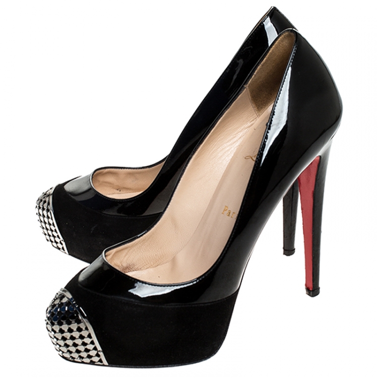 Pre Owned Christian Louboutin Black Patent Leather And Suede Maggie Platform Pumps Size 38.5