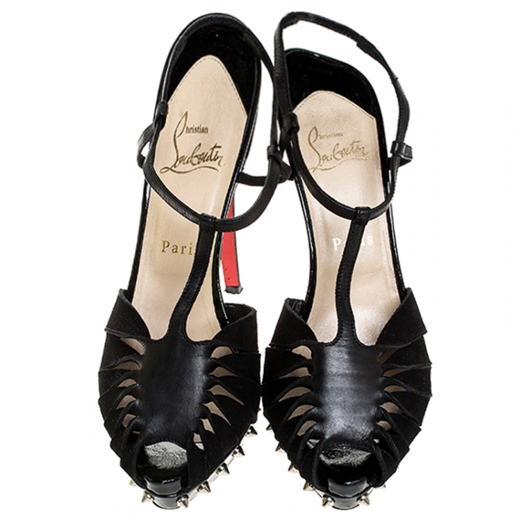 Pre Owned Christian Louboutin Black Spiked T-Strap Platform Sandals Size 38
