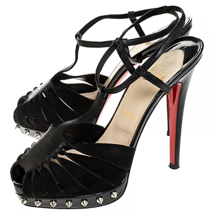 Pre Owned Christian Louboutin Black Spiked T-Strap Platform Sandals Size 38