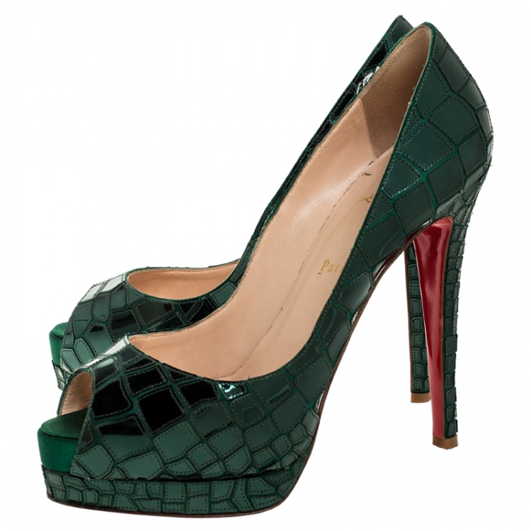 Pre Owned Christian Louboutin Green Satin And Mirror Plastic Prive Mosaic Peep Toe Pumps Size 41