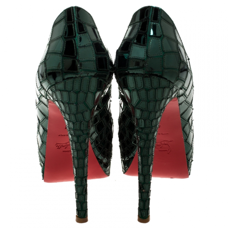 Pre Owned Christian Louboutin Green Satin And Mirror Plastic Prive Mosaic Peep Toe Pumps Size 41