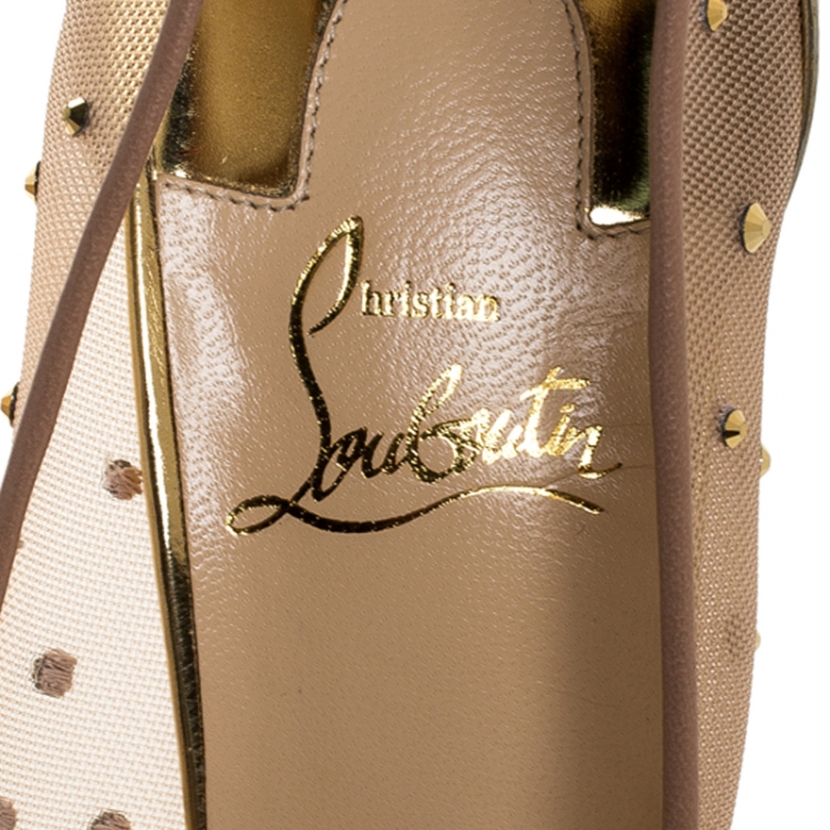 Pre Owned Christian Louboutin Gold Crystal Embellished Leather and Mesh Follies Strass Pumps Size 38.5