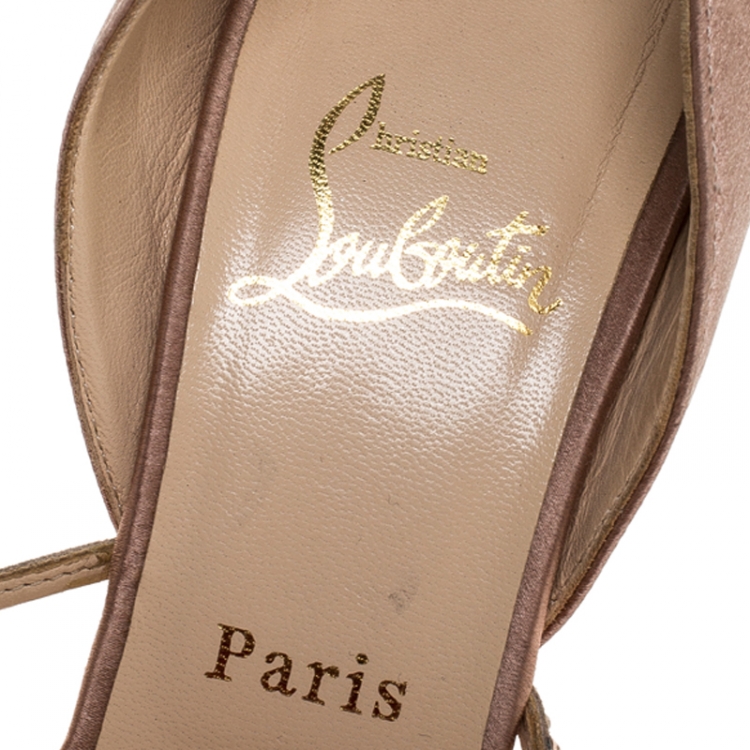 Pre Owned Christian Louboutin Beige Satin And Leather Crystal Embellished Spiderweb Sandals 39.5