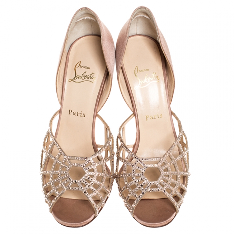 Pre Owned Christian Louboutin Beige Satin And Leather Crystal Embellished Spiderweb Sandals 39.5
