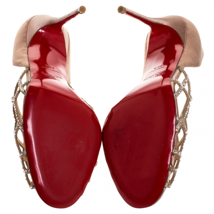 Pre Owned Christian Louboutin Beige Satin And Leather Crystal Embellished Spiderweb Sandals 39.5