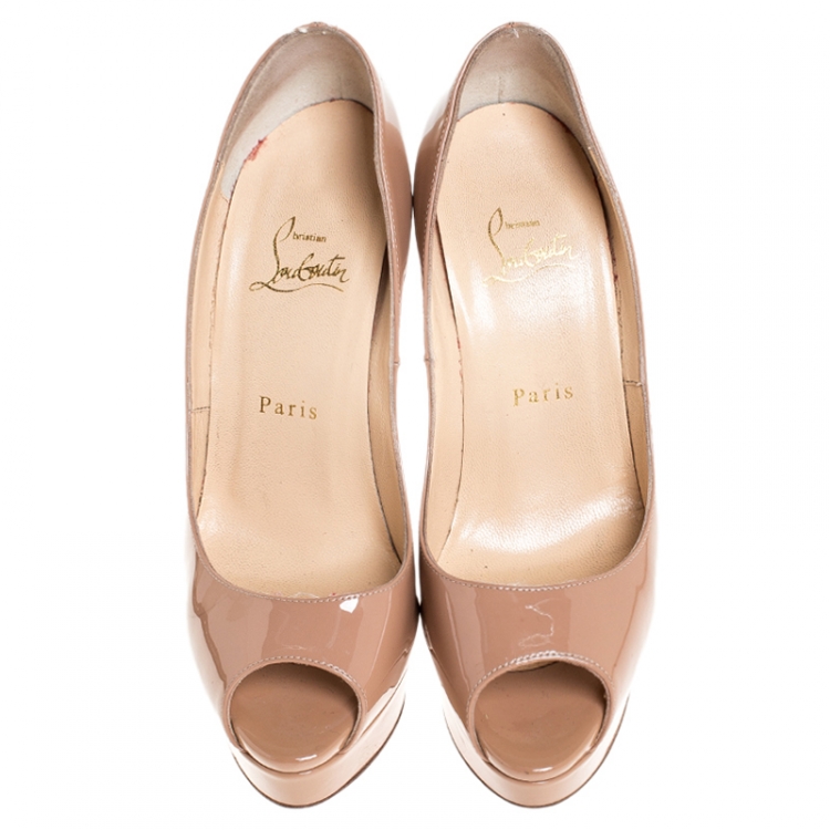 Pre Owned Christian Louboutin Beige Patent Leather Lady Peep Toe Platform Pumps Size 37