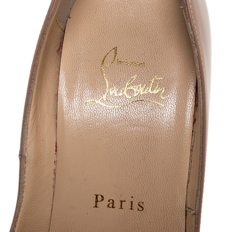 Pre Owned Christian Louboutin Beige Patent Leather Lady Peep Toe Platform Pumps Size 37