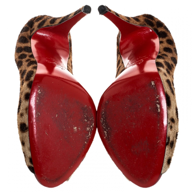 Pre Owned Christian Louboutin Leopard Print Pony Hair Flo Peep Toe Pumps Size 41