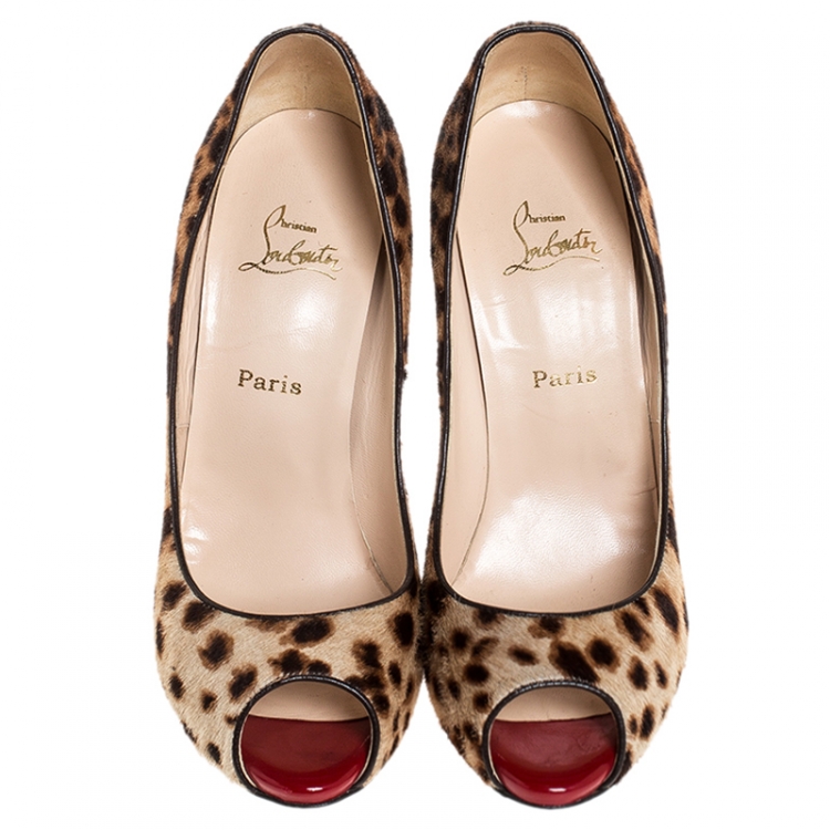 Pre Owned Christian Louboutin Leopard Print Pony Hair Flo Peep Toe Pumps Size 41