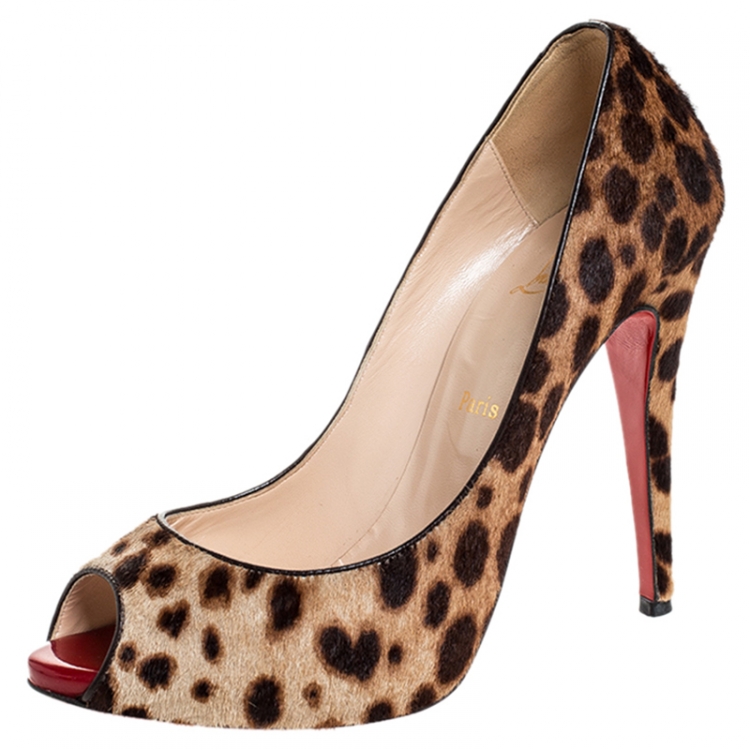 Pre Owned Christian Louboutin Leopard Print Pony Hair Flo Peep Toe Pumps Size 41