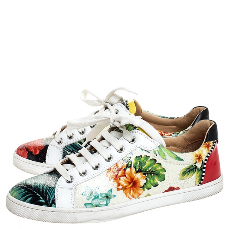 Pre Owned Christian Louboutin Multicolor Textured Floral Printed Patent Leather Hawaii Low Top Sneakers Size 38