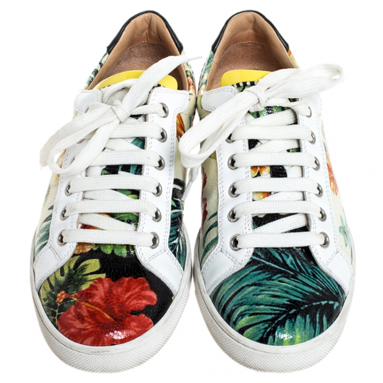 Pre Owned Christian Louboutin Multicolor Textured Floral Printed Patent Leather Hawaii Low Top Sneakers Size 38