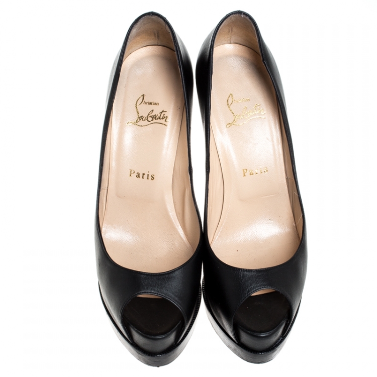 Pre Owned Christian Louboutin Black Leather Peep Toe Platform Pumps Size 39.5