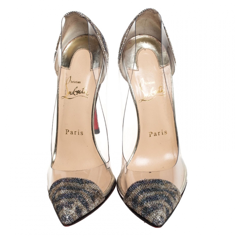 Pre Owned Christian Louboutin Metallic Animal Print Lamè and PVC New Debout Pointed Toe Pumps Size 37.5