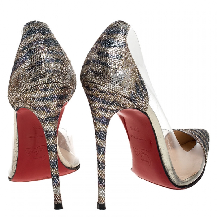 Pre Owned Christian Louboutin Metallic Animal Print Lamè and PVC New Debout Pointed Toe Pumps Size 37.5
