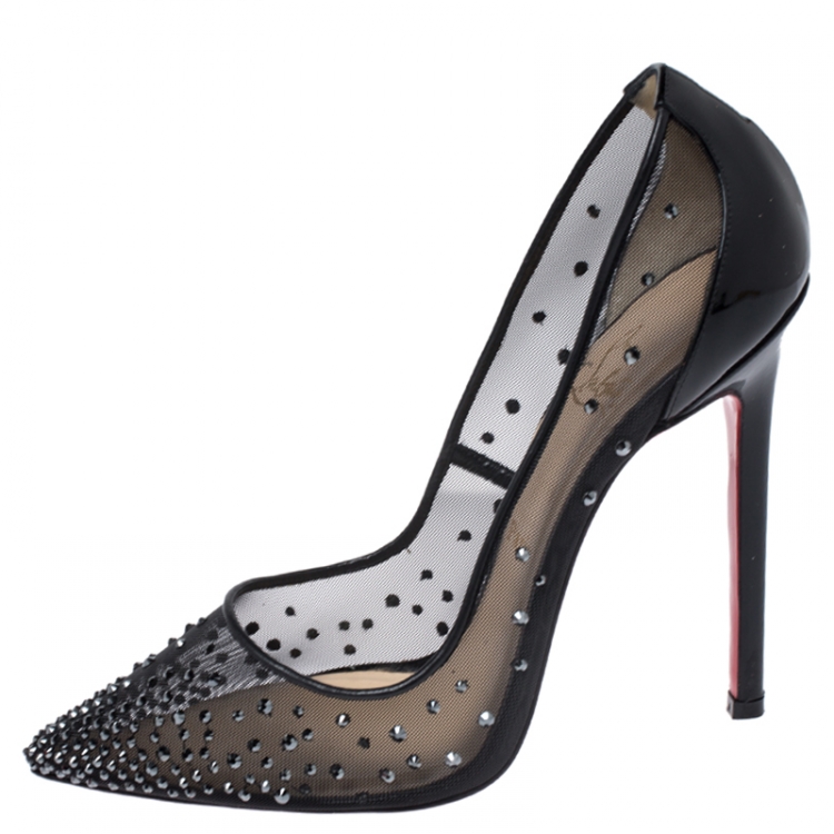 Christian Louboutin Black Crystal Embellished Mesh and Patent Leather  Follies Strass Pumps Size 38.5 Christian Louboutin
