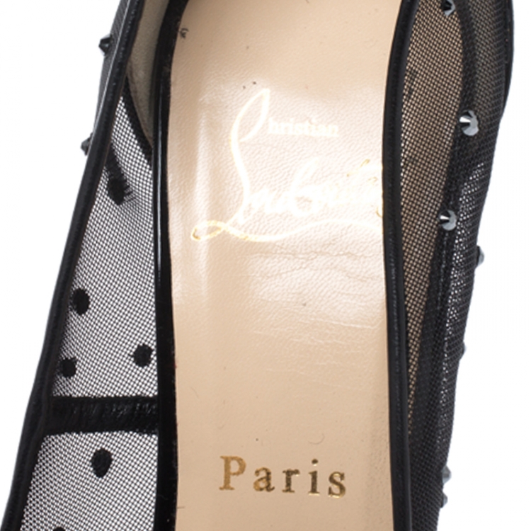 Pre Owned Christian Louboutin Black Crystal Embellished Mesh and Patent Leather Follies Strass Pumps Size 38.5