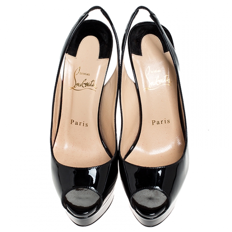 Pre Owned Christian Louboutin Black Patent Leather Private Number Peep Toe Slingback Sandals Size 37