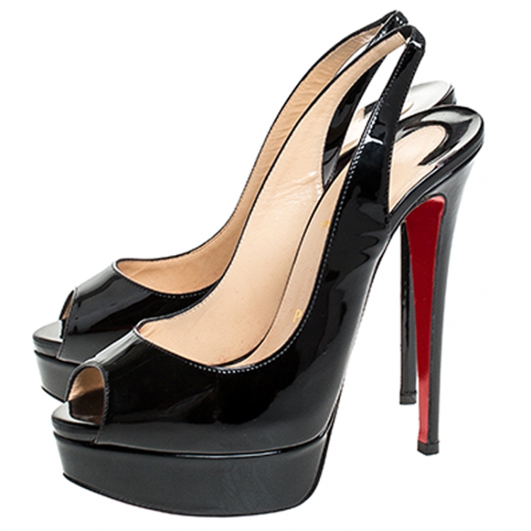Pre Owned Christian Louboutin Black Patent Leather Private Number Peep Toe Slingback Sandals Size 37