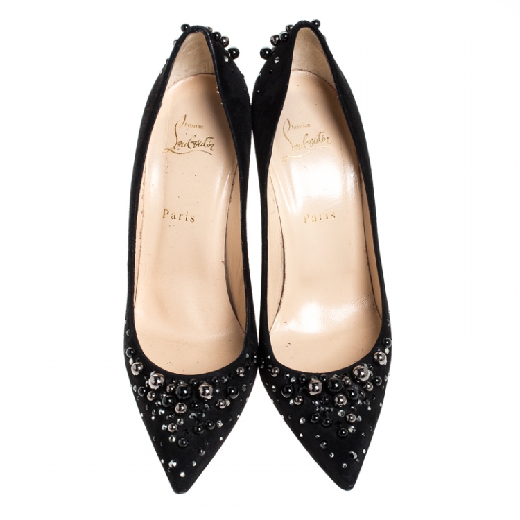 Pre Owned Christian Louboutin Suede Leather Candidate Embellished Pointed Toe Pumps Size 40