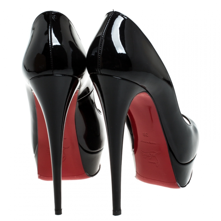 Pre Owned Christian Louboutin Black Patent Leather Lady Peep Toe Platform Pumps Size 39