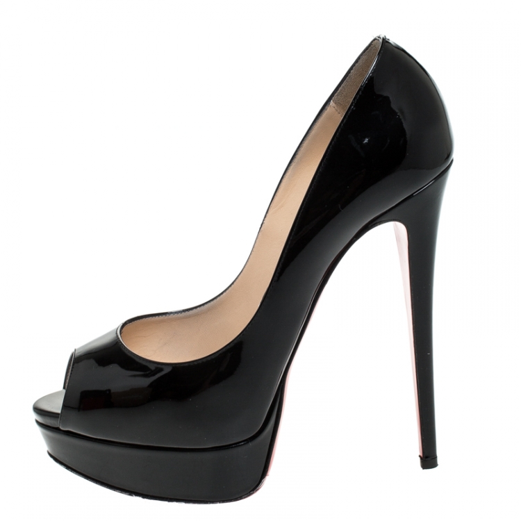 Pre Owned Christian Louboutin Black Patent Leather Lady Peep Toe Platform Pumps Size 39