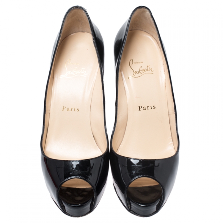 Pre Owned Christian Louboutin Black Patent Leather New Prive Peep Toe Pumps Size 37.5