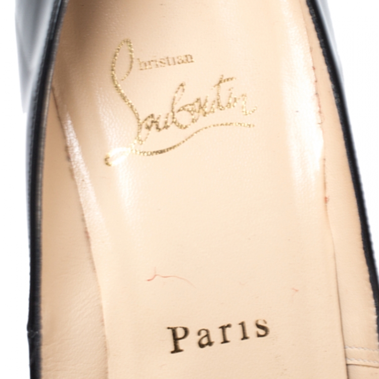 Pre Owned Christian Louboutin Black Patent Leather New Prive Peep Toe Pumps Size 37.5