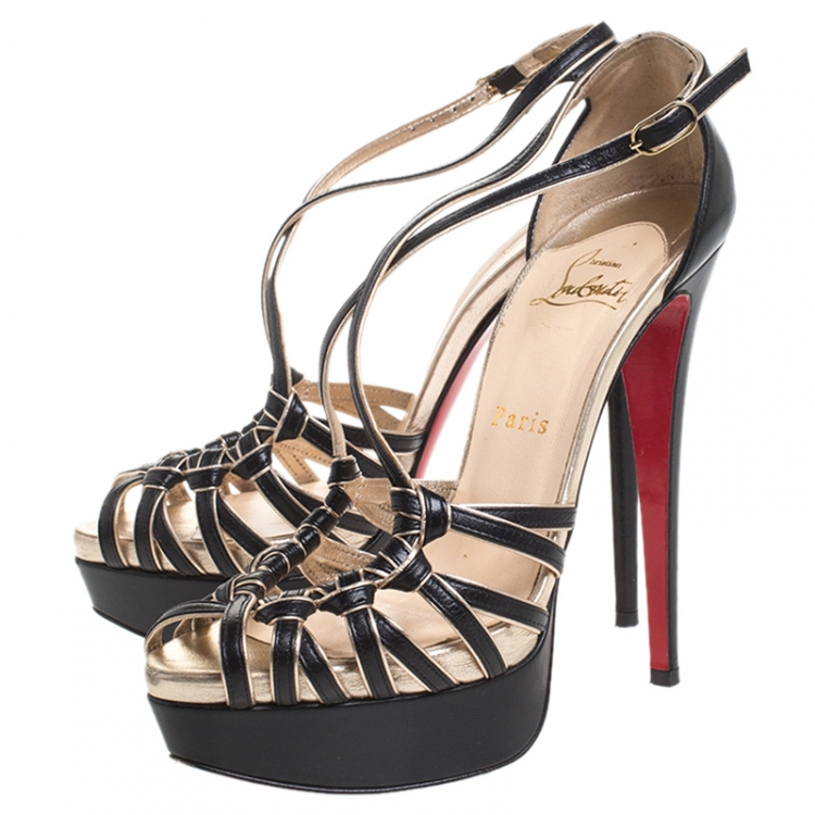مملوكة مسبقًا Christian Louboutin Black/Gold Leather Strappy Platform Sandals Size 38
