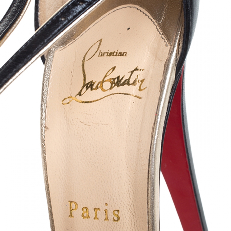مملوكة مسبقًا Christian Louboutin Black/Gold Leather Strappy Platform Sandals Size 38