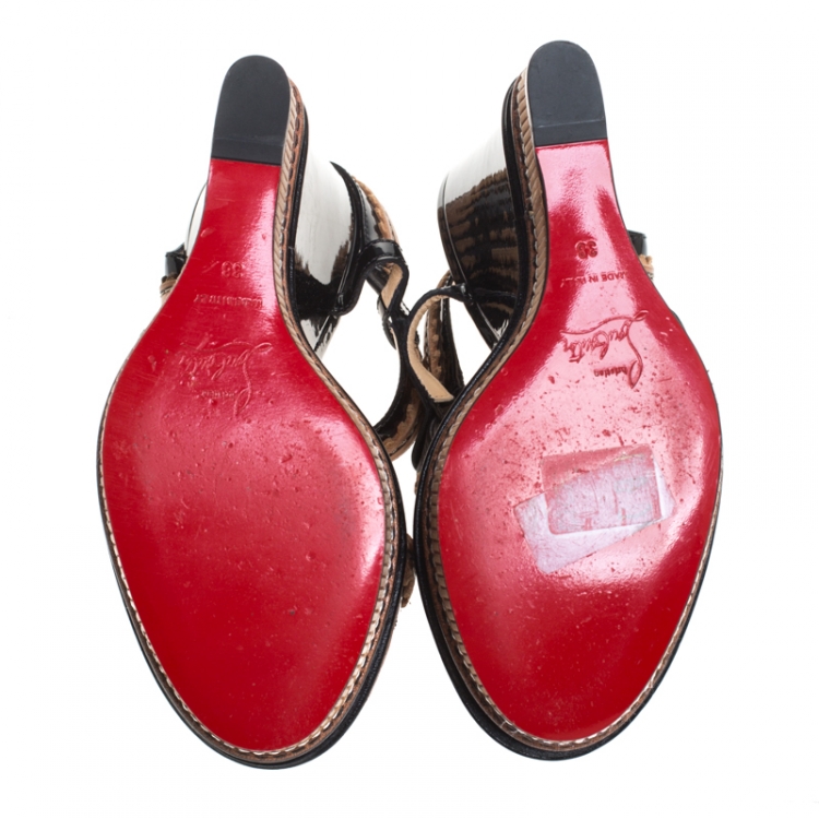 Pre Owned Christian Louboutin Black/Brown Patent And Leather Trepi Wedge Platform Slingback Sandals Size 38