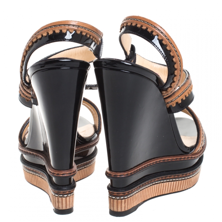 Pre Owned Christian Louboutin Black/Brown Patent And Leather Trepi Wedge Platform Slingback Sandals Size 38