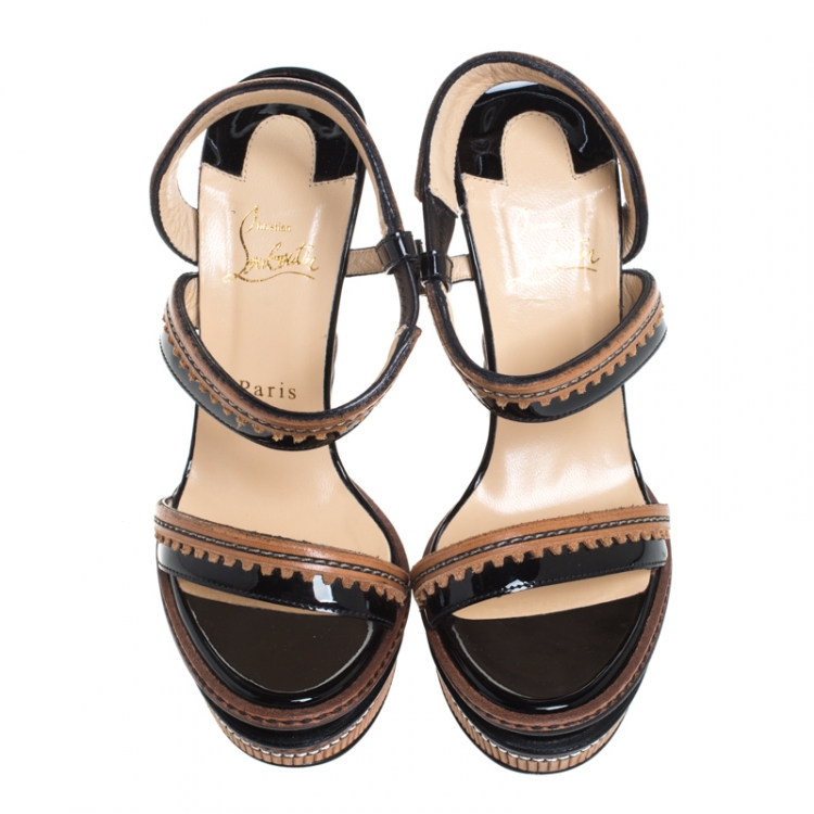 Pre Owned Christian Louboutin Black/Brown Patent And Leather Trepi Wedge Platform Slingback Sandals Size 38