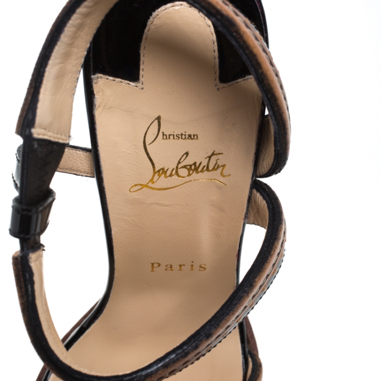 Pre Owned Christian Louboutin Black/Brown Patent And Leather Trepi Wedge Platform Slingback Sandals Size 38