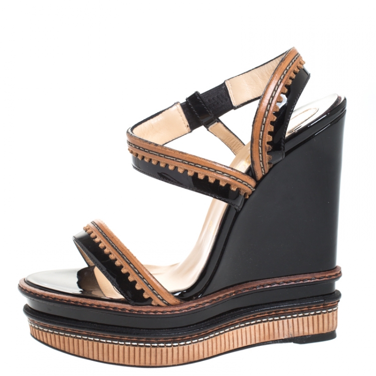 Pre Owned Christian Louboutin Black/Brown Patent And Leather Trepi Wedge Platform Slingback Sandals Size 38