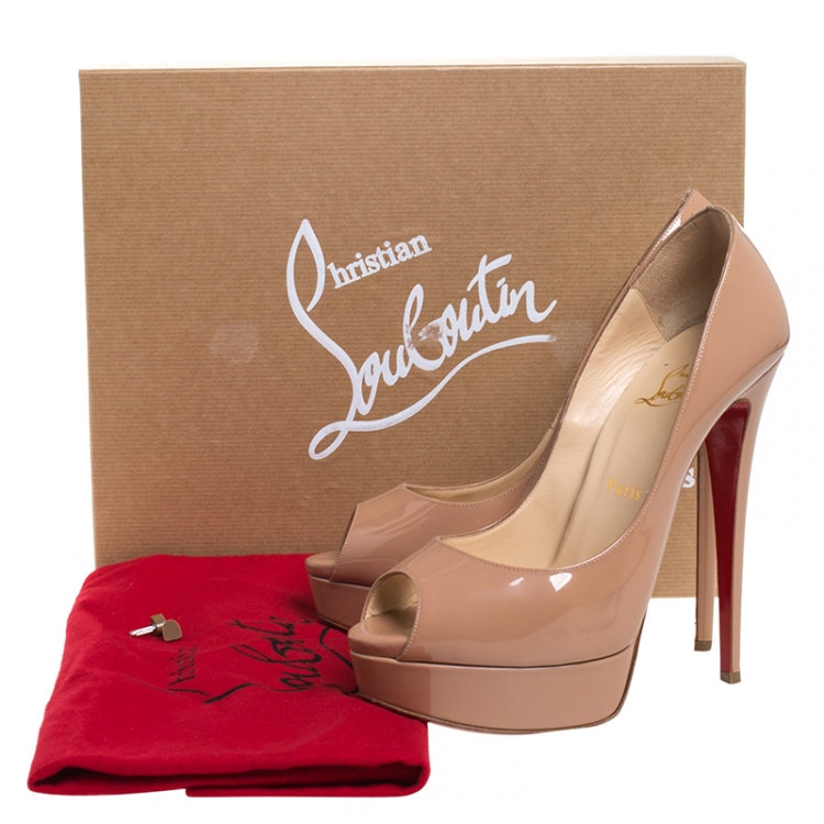 Pre Owned Christian Louboutin Beige Patent Leather Lady Peep Toe Platform Pumps Size 39.5