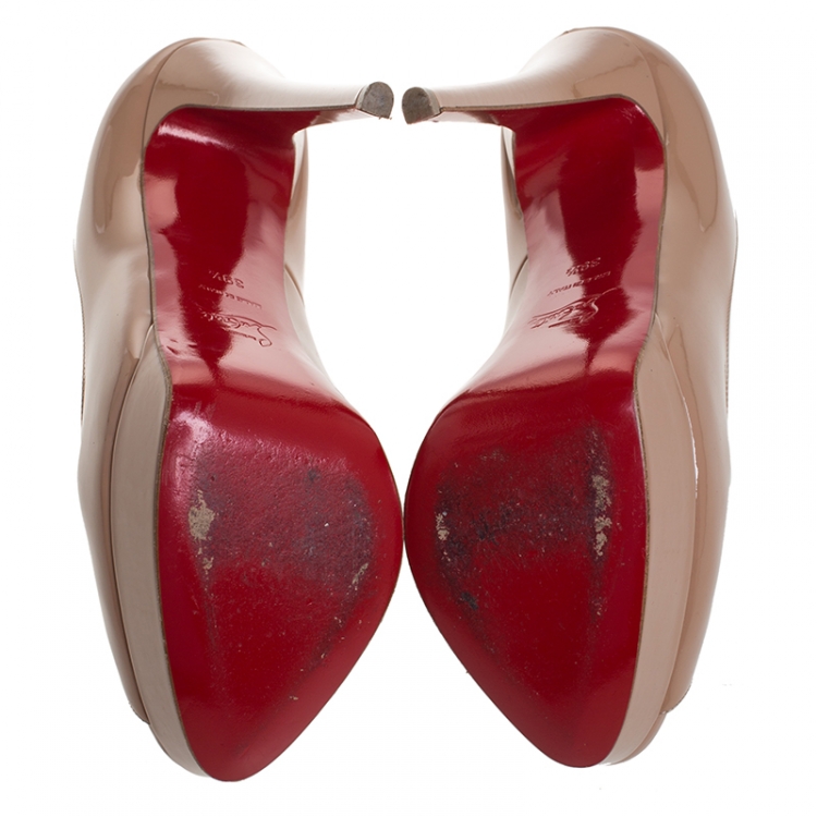 Pre Owned Christian Louboutin Beige Patent Leather Lady Peep Toe Platform Pumps Size 39.5