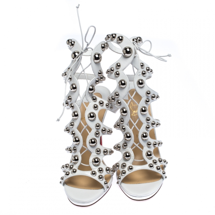 Pre Owned Christian Louboutin White Leather Studded Amazoubille Lace Up Sandals Size 41